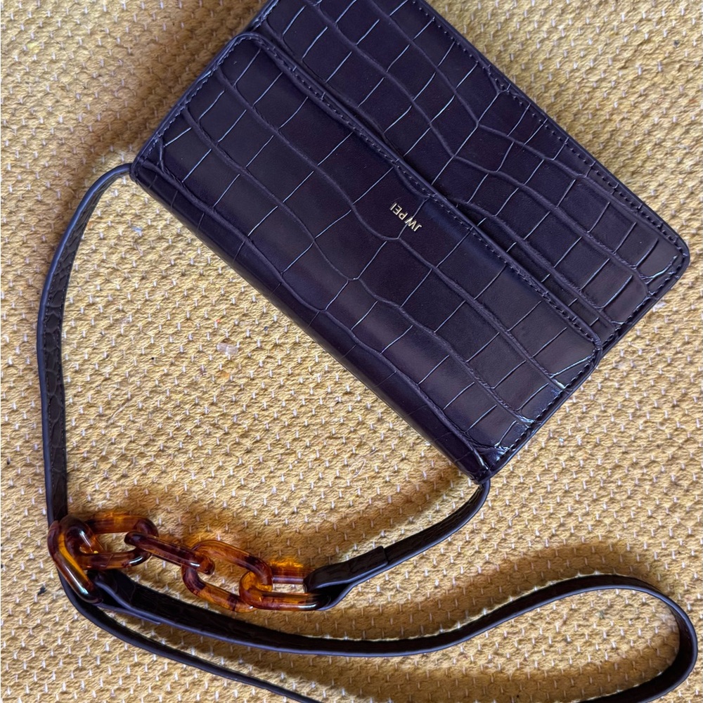 Brown Croc Embossed Crossbody Bag with Tortoise Chain
